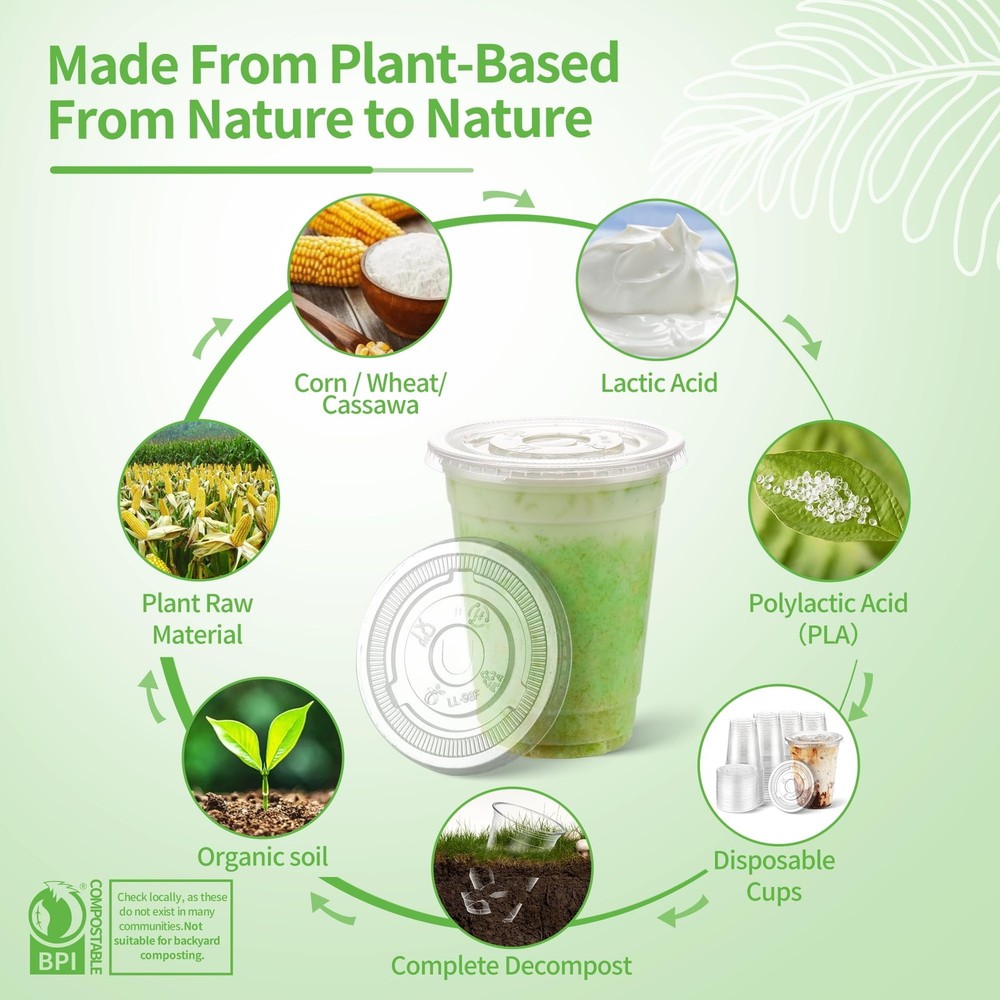 16 OZ Compostable Clear Plastic Cups Disposable Iced Coffee with Flat Lids