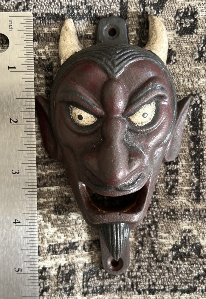 Antique Style Devil Bottle Opener Folk Art Wall Mount Cast Iron Devil