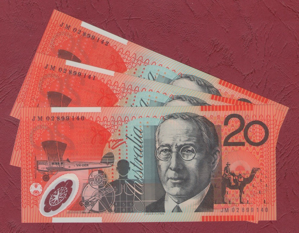 AUSTRALIAN BANKNOTE $20 TWENTY DOLLARS 2002 GENERAL PREFIX JM02 UNC
