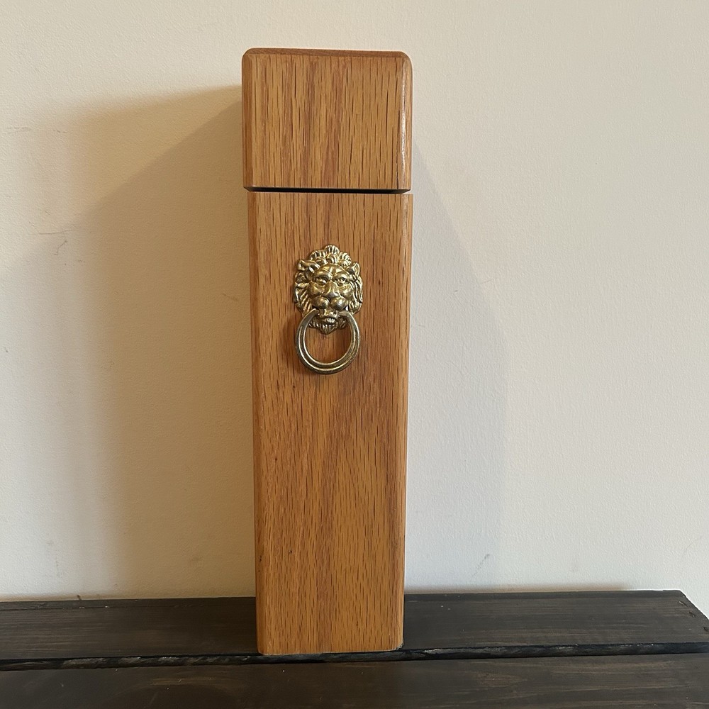 Vintage Wooden Fireplace Match Holder With Lions Head Ring Pull