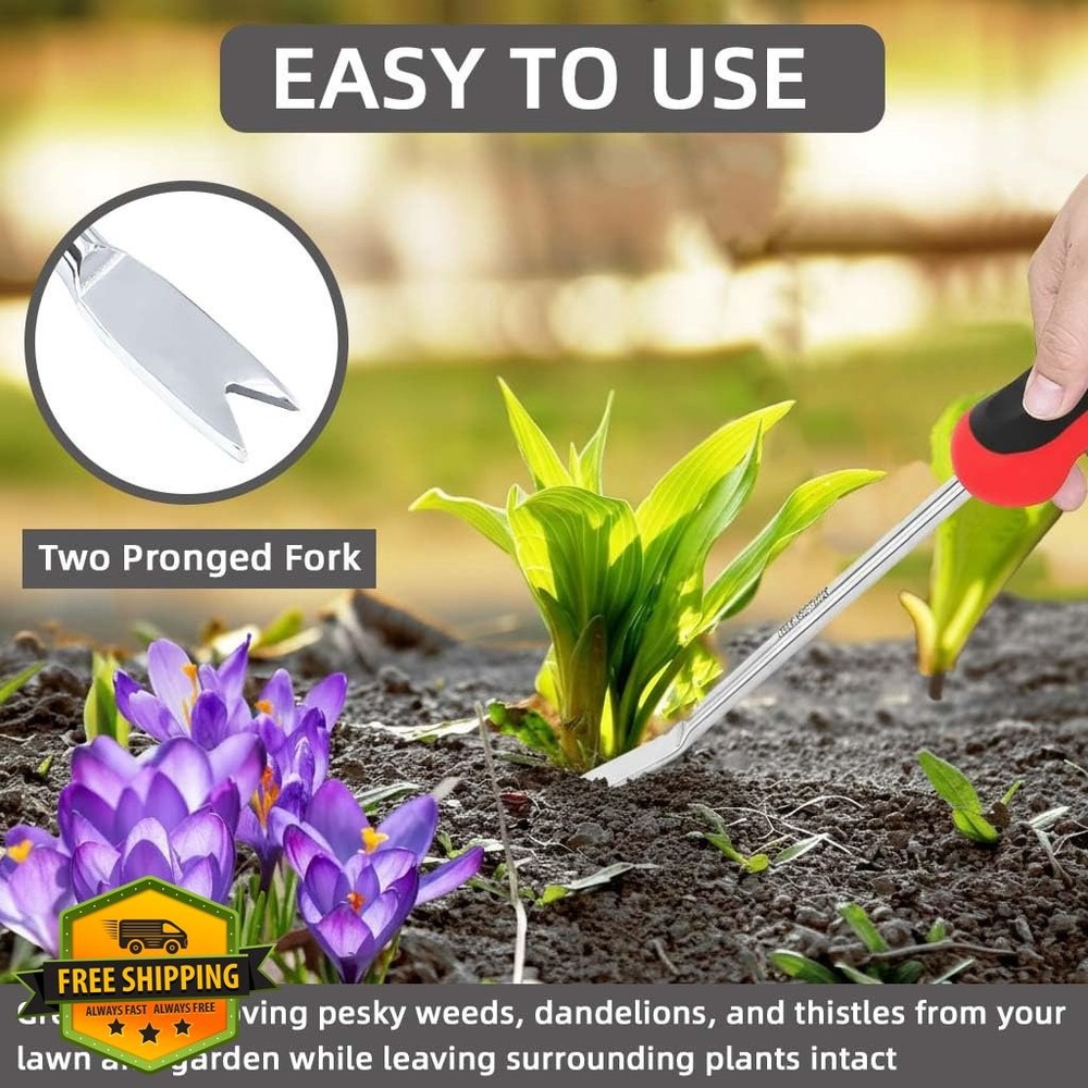 KLDOLLAR Weed Puller Dandelion Remover Stainless Steel Two-Prong Fork Handle