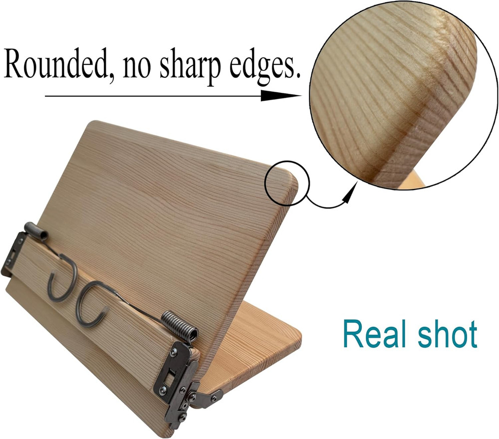 Book Stand, Cookbook Stand, Book Holder, (Solid Wood, Stainless Steel Spring Cli
