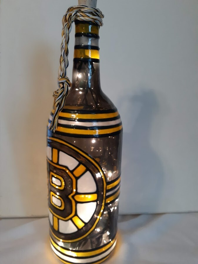 Boston Bruins Inspired Wine Bottle Lamp Hand Painted Lighted