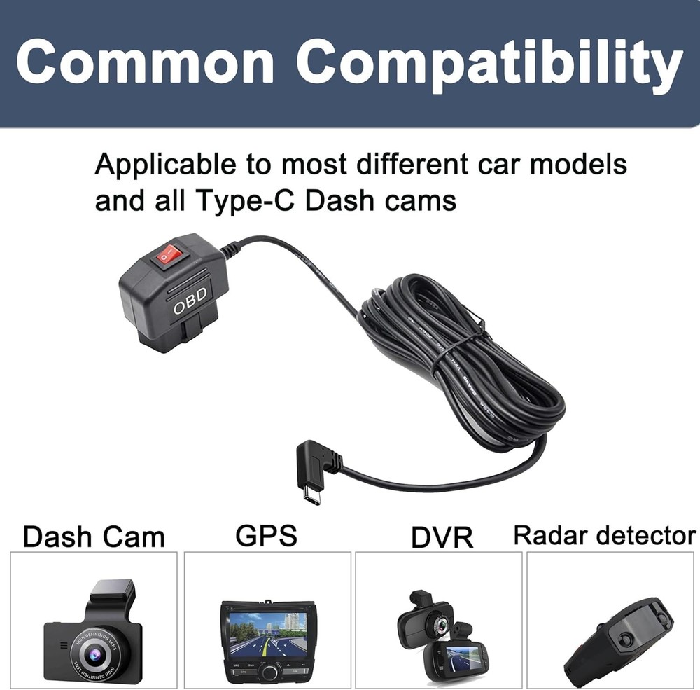OBD OBD2 Hardwire Kit Power Cable for Dash Camera with 90Degree USB Type C 12