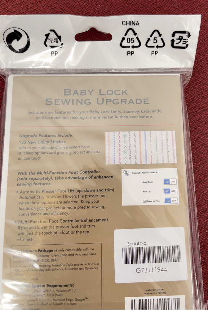 Babylock Sewing Software Upgrade For BLTY,BLJY,BLCR,BLAR