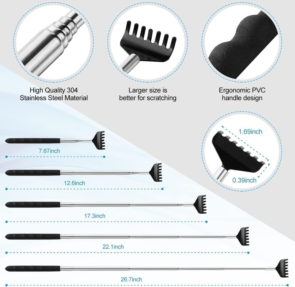 4Pcs Different Back Scratcher Extendable Massager Tool with Rubber Black