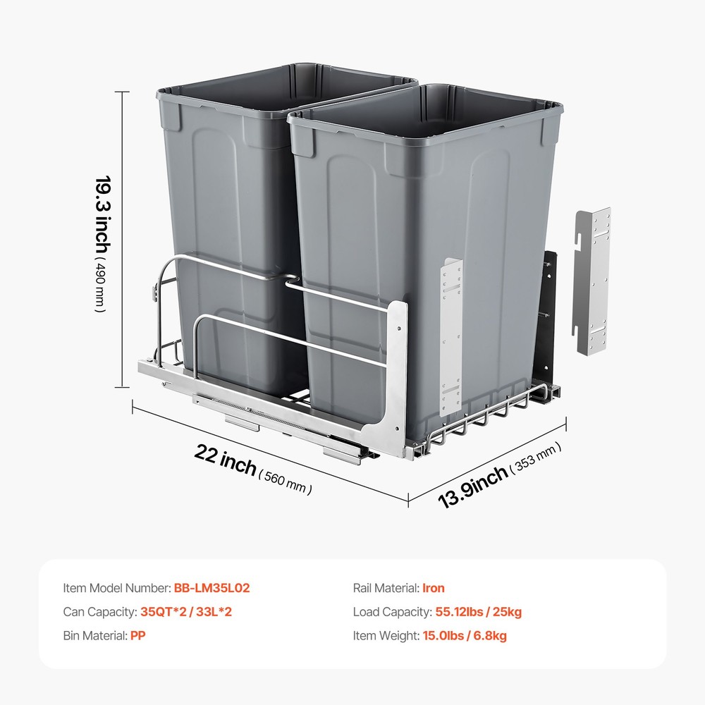 VEVOR Double Pullout Waste Container Kitchen Trash Can Soft Close Grey 35QTx2