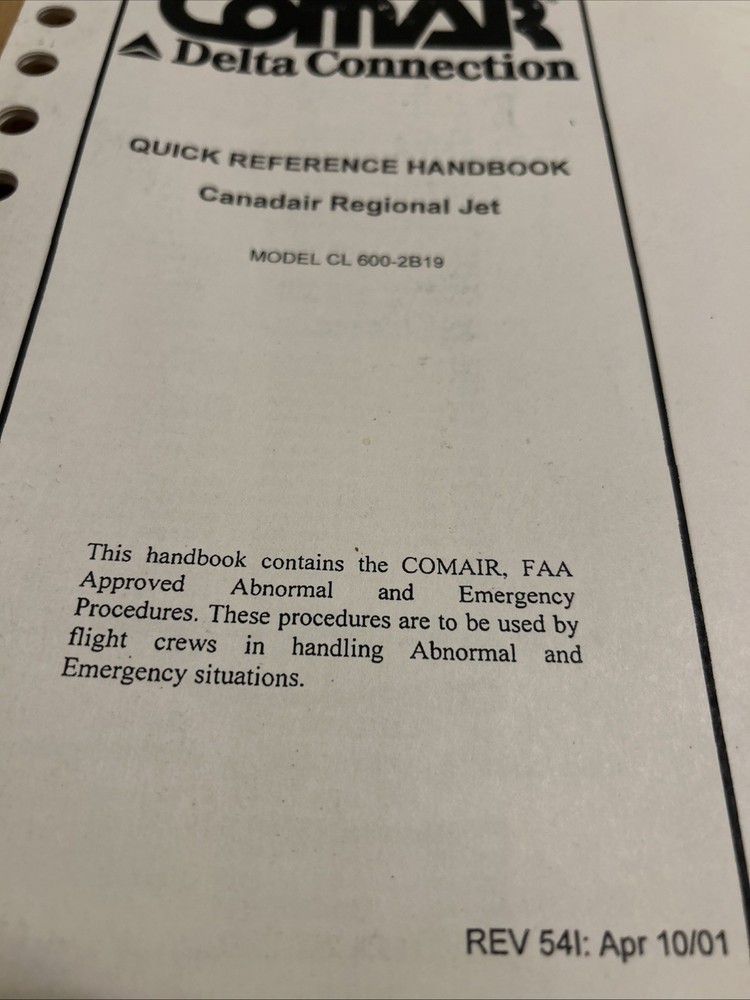 Comair Delta Quick Reference Handbook Canadair Regional Jet Model CL 600-2B19