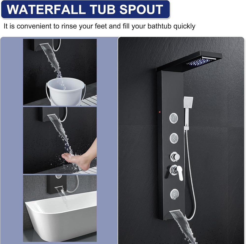 5-in-1 LED Shower Panel Tower System with Rainfall, Jets & Handheld Black Finish