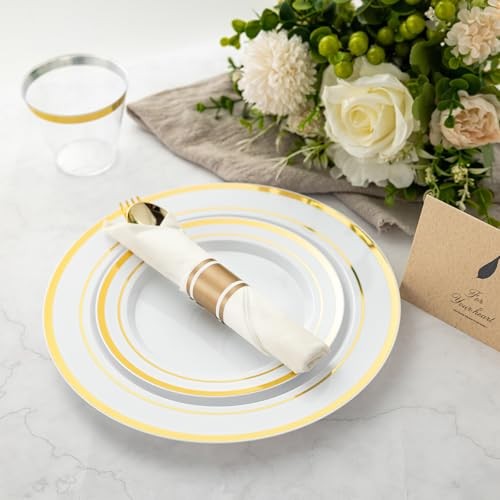 350PCS Plastic Dinnerware Set for 50 Guests, Include: 50 Dinner Plates, Gold
