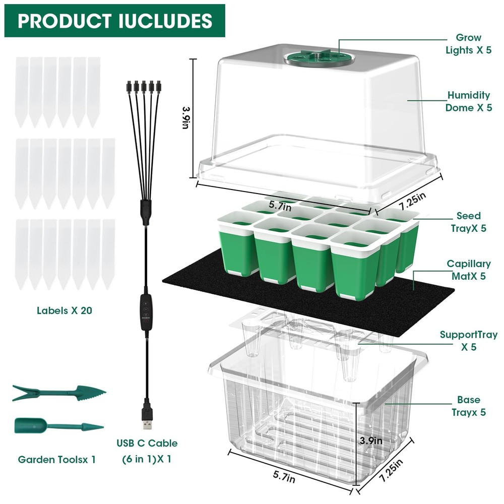 60-Cell Self Watering Seed Starter Tray with Grow Light, 5-Pack Reusable Seed...