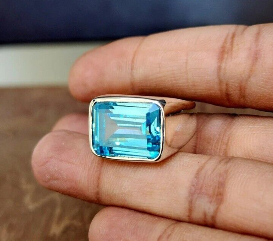 Solid 925 Sterling Silver Men's Ring Swiss Blue Topaz Ring Birthday Gift Ring