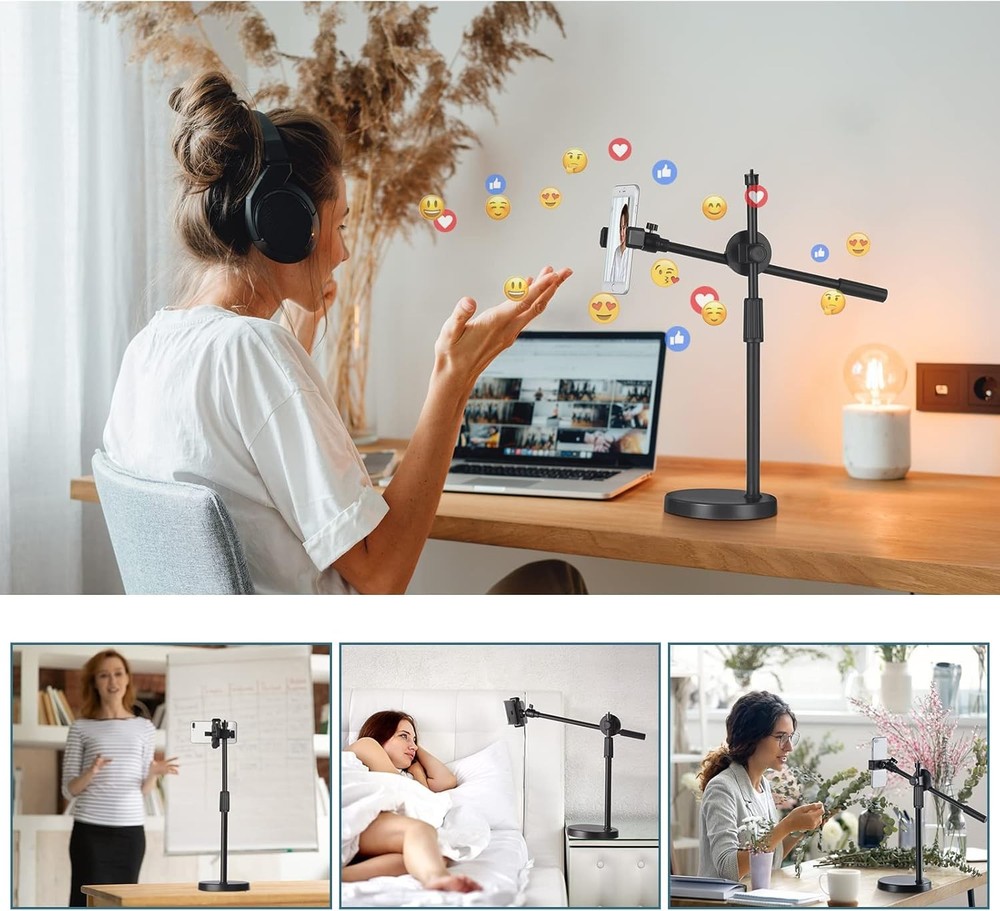 Overhead Phone Stand for Recording - Desktop Adjustable Black