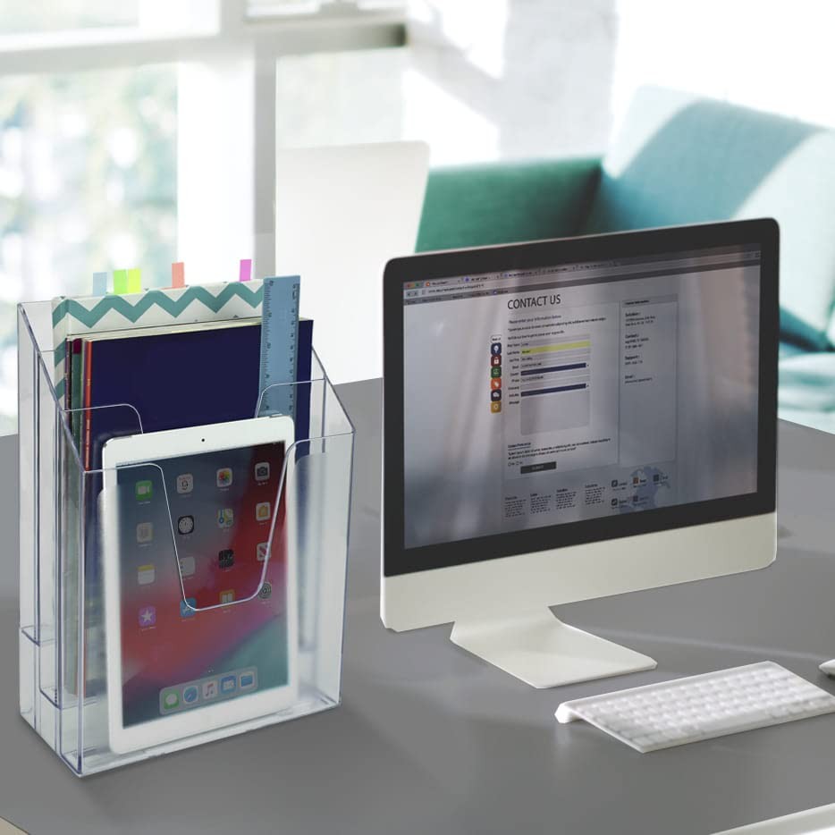 Vertical Triple File Folder Holder Organizer, File Sorter Clear Crystal