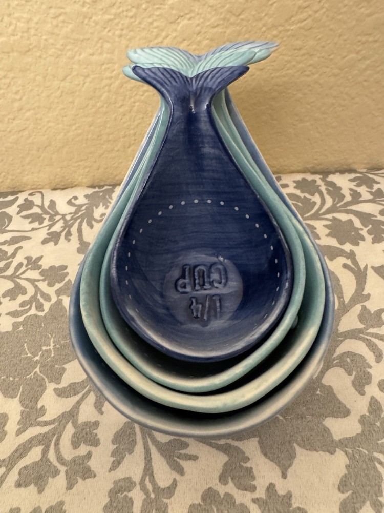 Ceramic Whale Shaped Measuring Cup Set Blue Aqua Nesting 4pcs 1-1/4 Cup