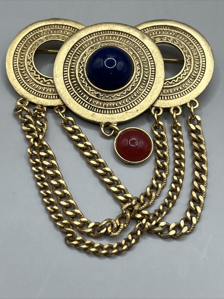 Navy Blue Interlocking Circles Brooch Pin Gold Tone Chains