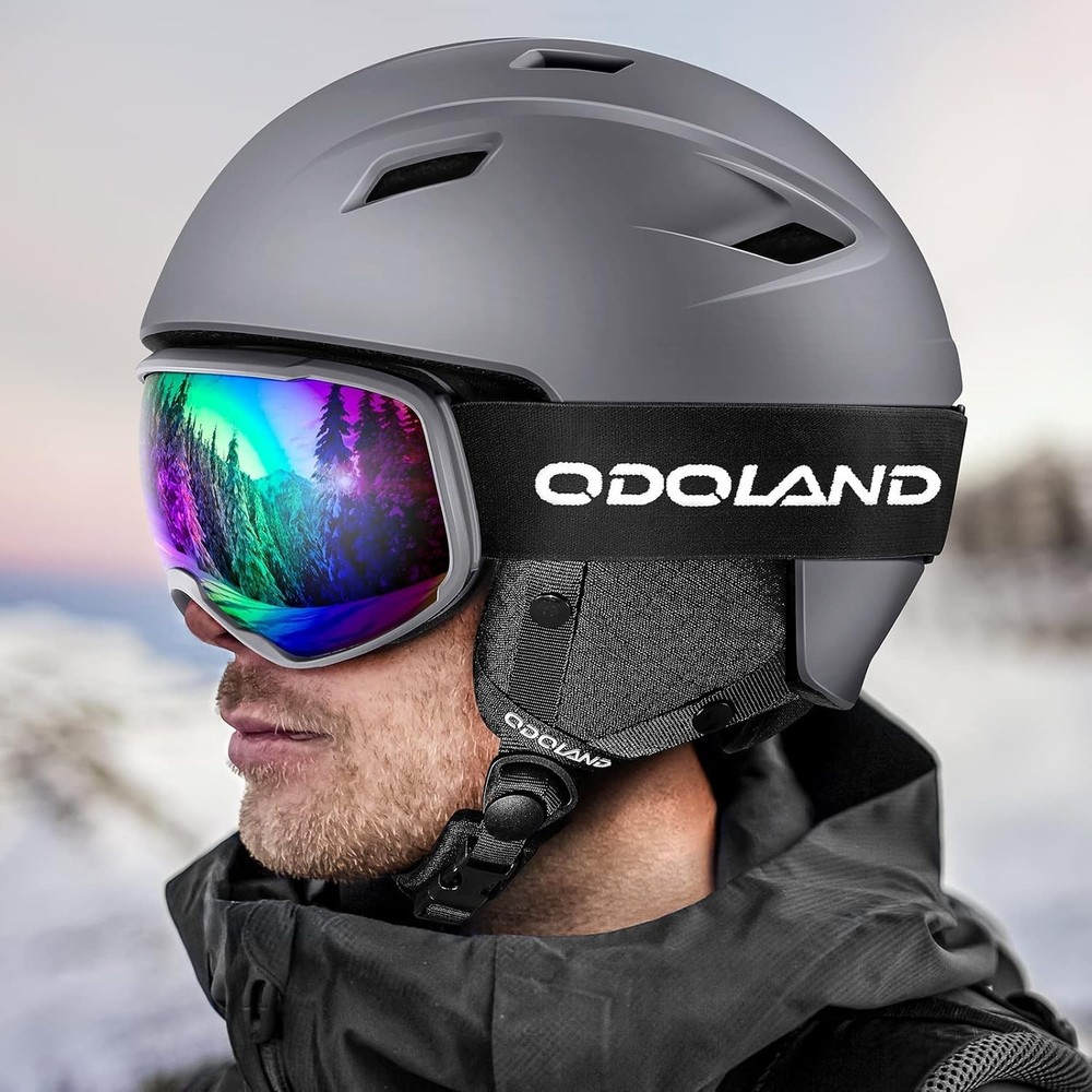 Odoland Snow Ski Helmet & Goggles Set - Adjustable - Grey - Medium 55-59cm