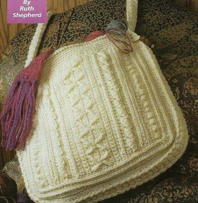 ARAN SAMPLER TOTE HANDBAG PURSE DIGEST SIZE CROCHET PATTERN INSTRUCTIONS