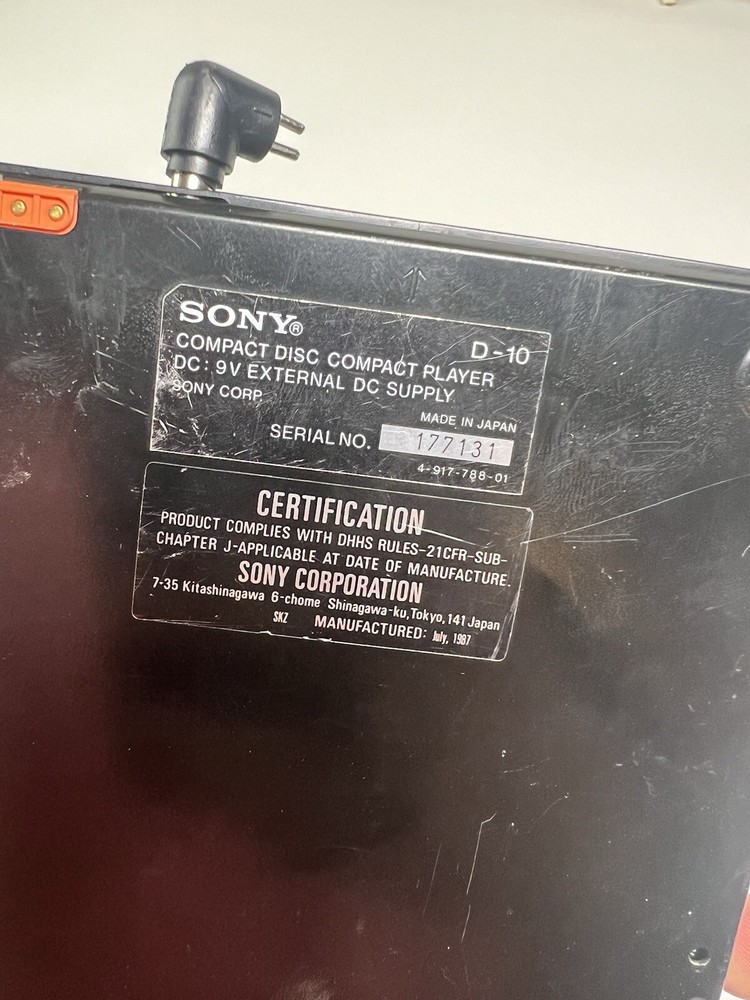 Vintage Sony Discman D-10 CD Compact Player Black Original - Untested