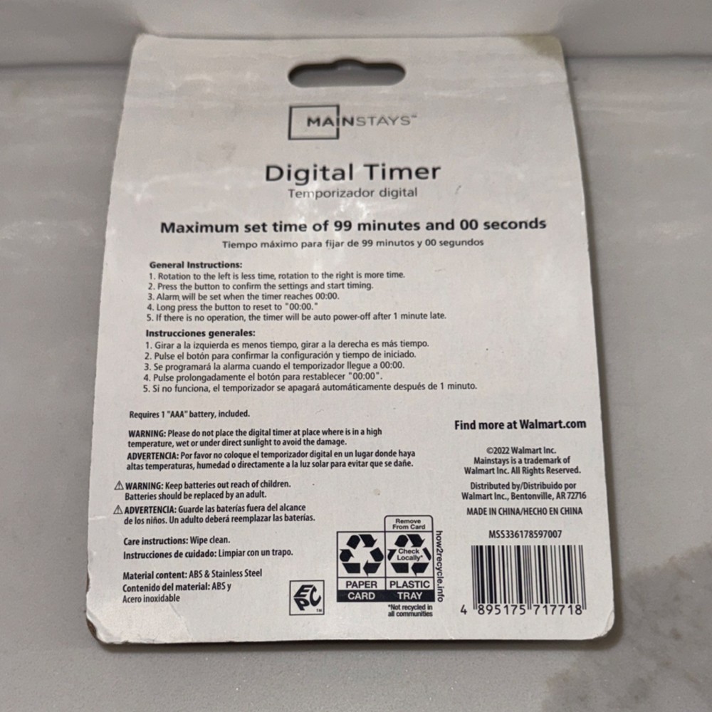 NEW Mainstays Digital Timer Large Display Gray Plastic Battery Powered Kitchen