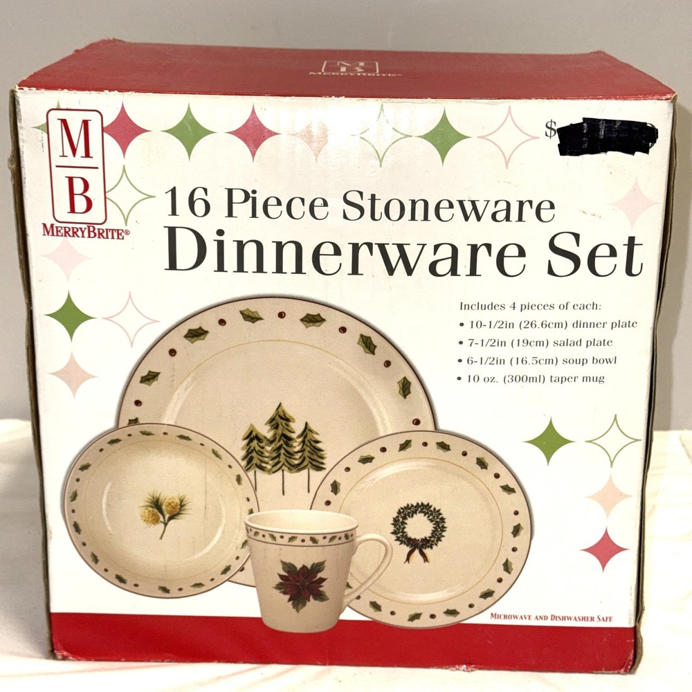 Merry Brite   16PC STONEWARE CHRISTMAS  DINNERWARE SET   *NEW IN BOX*