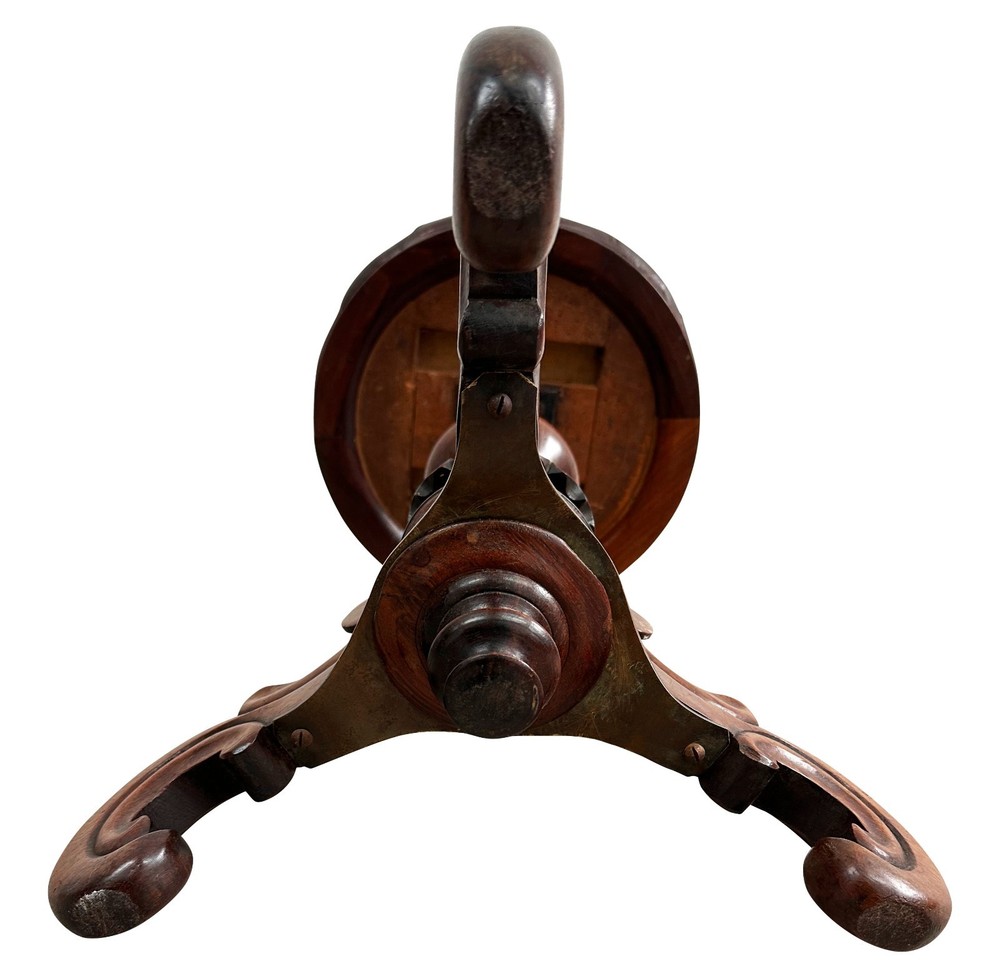 Victorian Piano Stool Carved Column Triple Scroll Support & Leather Top - 1860's