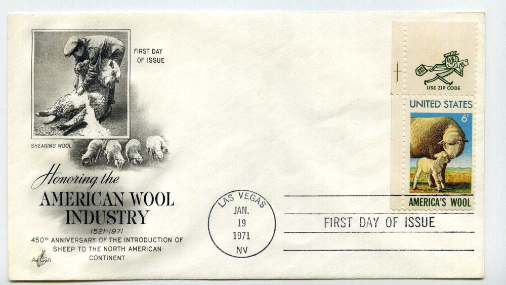 1423 America's Wool artCraft, zip tab single,  FDC