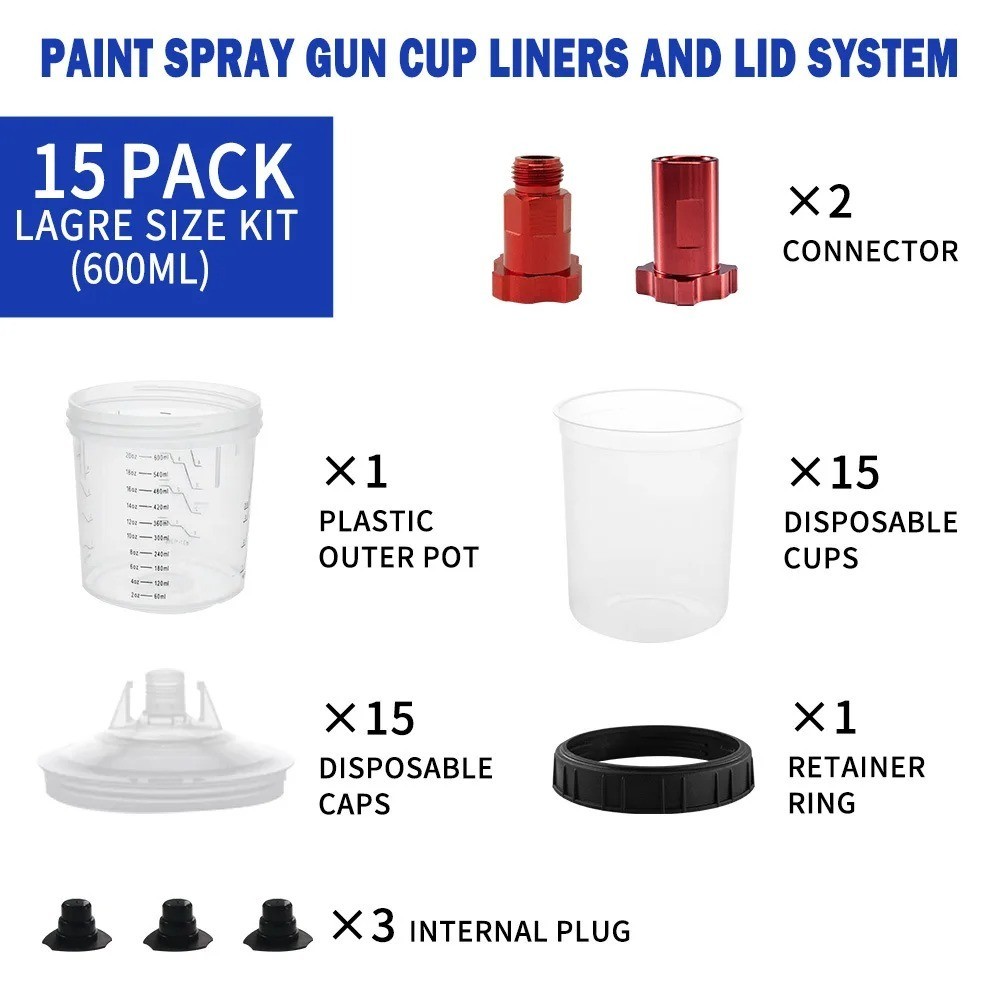 WTP TOOLS Disposable Paint Cup System KIT 50 Lids + 50 Liners + 1 Cup + 20 Caps