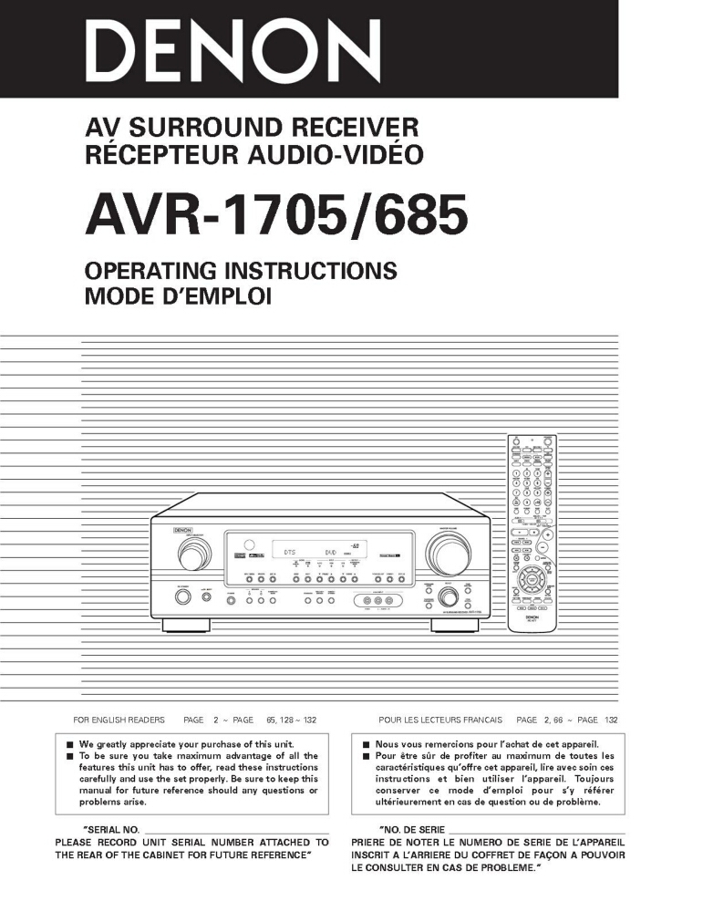 Denon AVR-1705 Receiver Amplifier Owners Manual