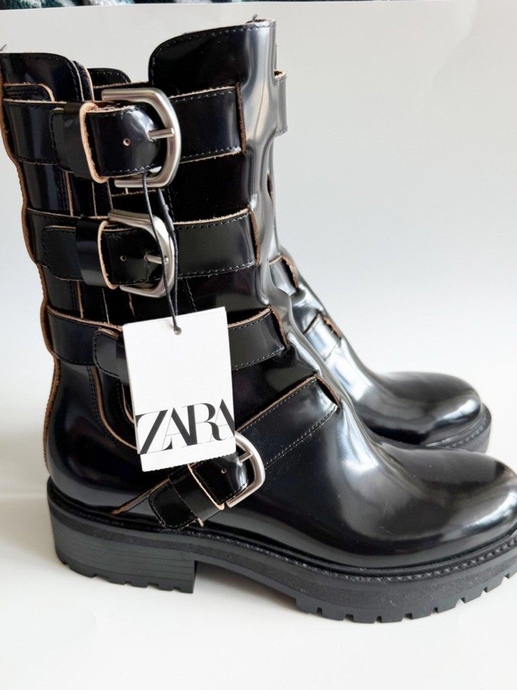 Zara Black Leather Multi Buckle Combat Boots Size 39