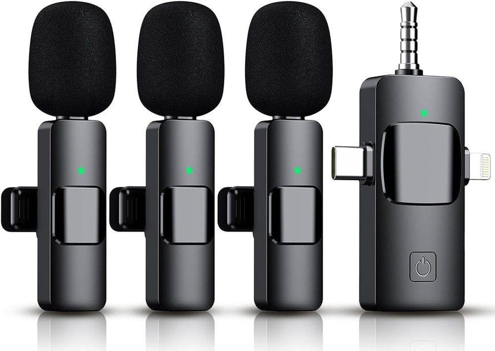 3 in 1 Wireless Lavalier Microphone for iPhone, iPad, Android, 3 MIC, Black