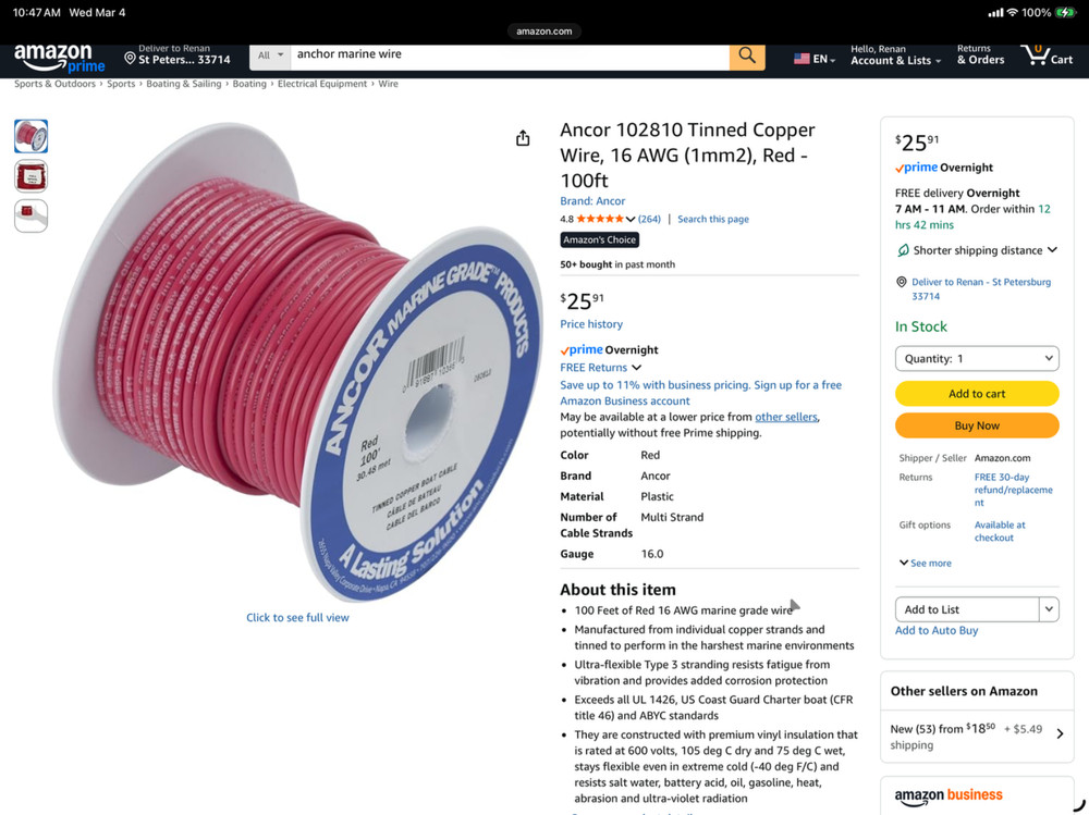 Ancor Marine 14AWG red wire 100ft spool