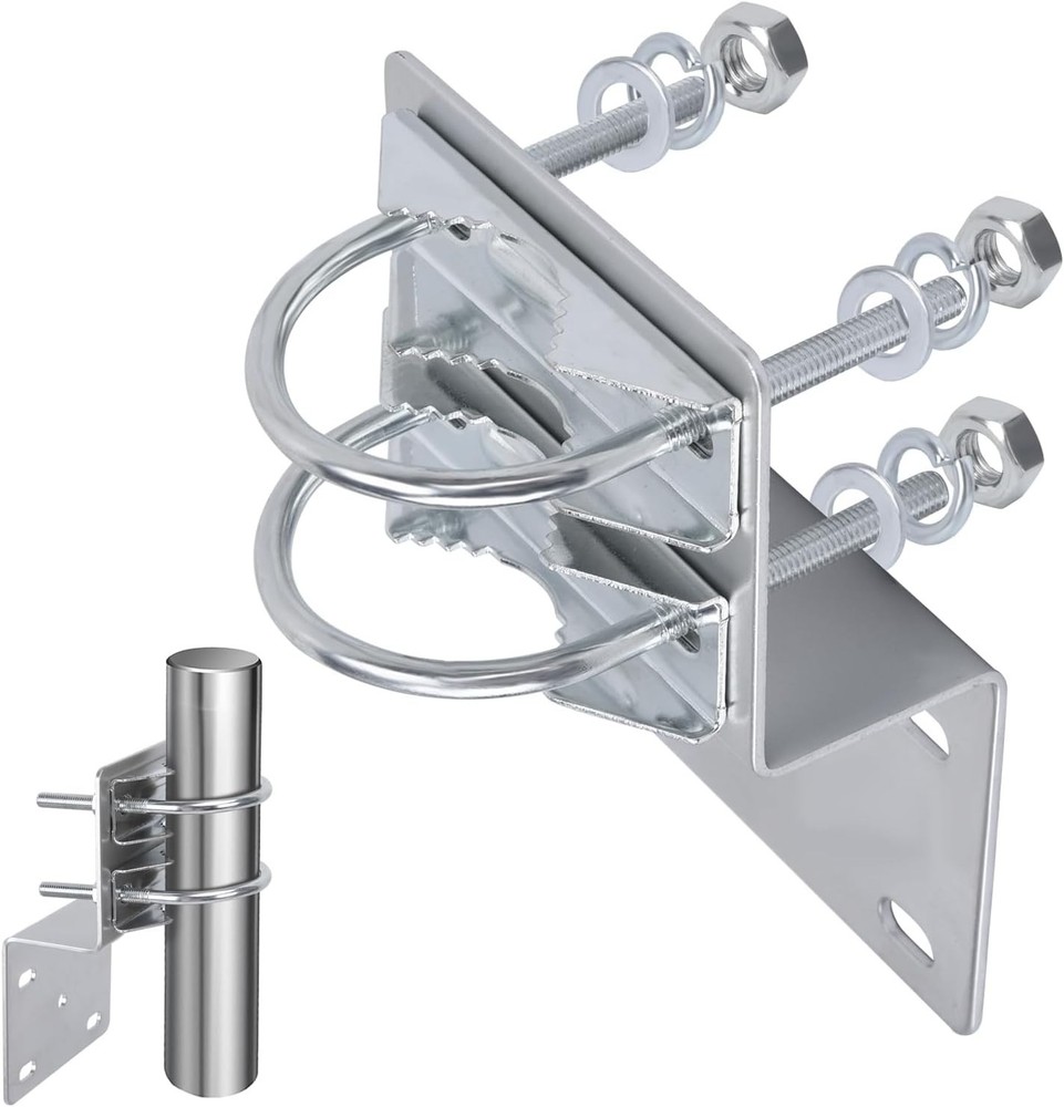 Durable 2-Pc Antenna Pole Mount Bracket with Double U Bolt Clamp, Silver Finish