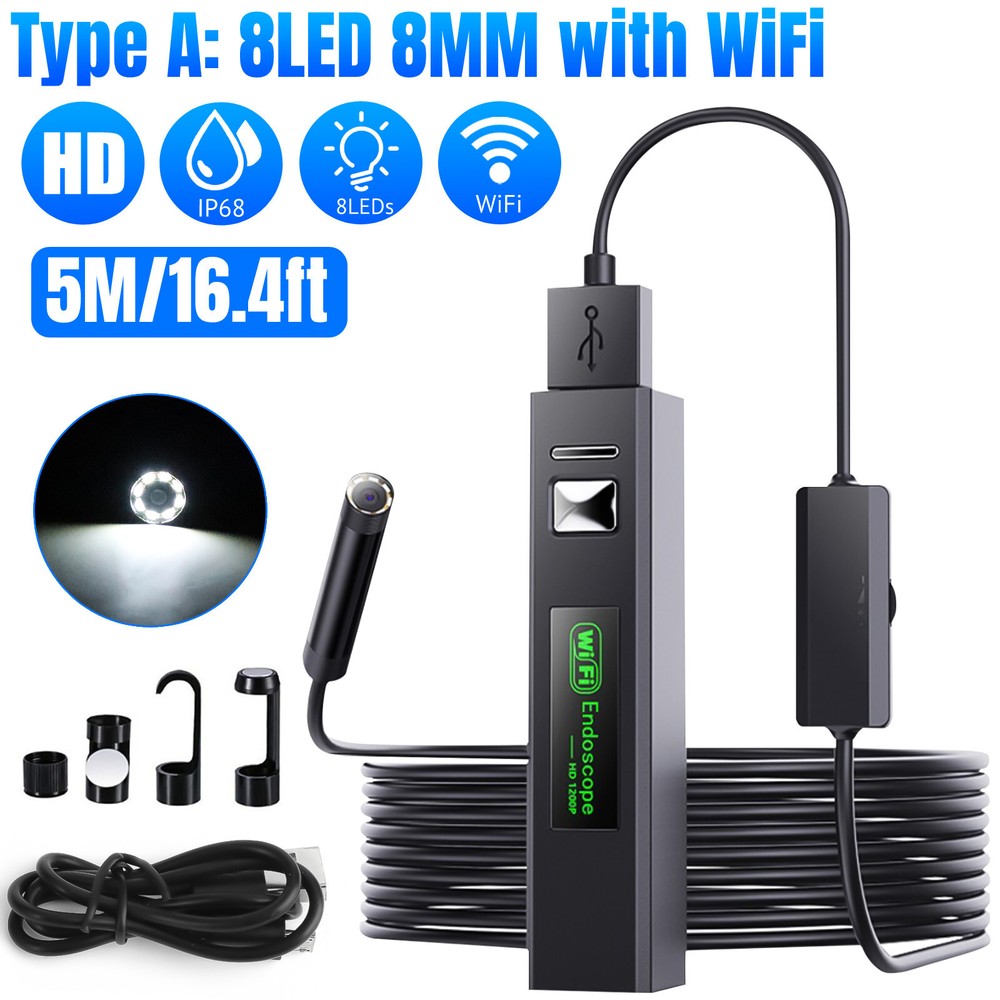 5M 8LED WiFi Borescope Endoscope Snake Inspection Camera for iPhone Android iOS