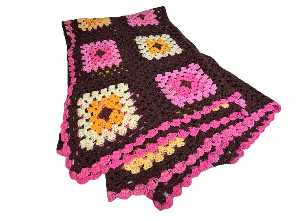 Vtg Granny Square Crocheted Afghan 65x46 Throw Blanket