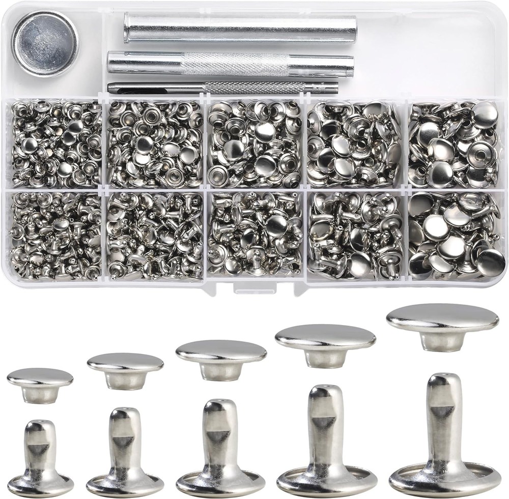 340 Sets Silver Double Cap Leather Rivets Kit Mixed Sizes with Crafting Tool