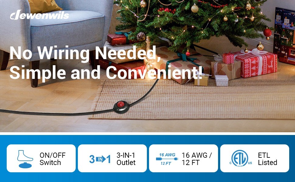 DEWENWILS 12 FT Extension Cord with Multiple Outlets ON/Off Switch Flat Plug