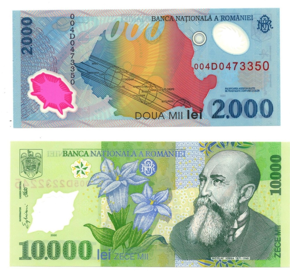 Romania (Polymer Pair) 2000 & 10,000 Lei - 1999/2000 - P111a/112a - Unc.