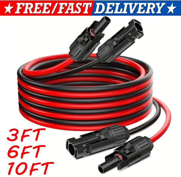 Black+Red 10 AWG Solar Panel Extension Cable Silicone Flexible Wire Connectors
