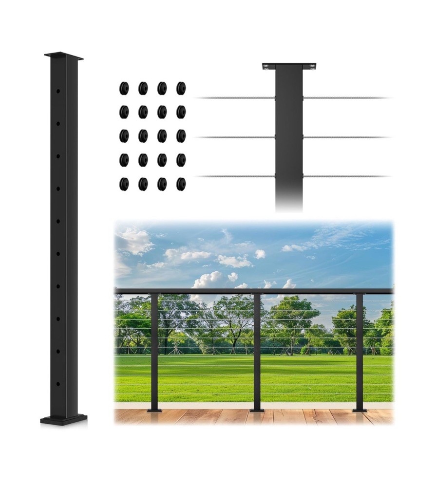 36" Cable Railing Post, Fixed Top Level Drilled Line Post with Cable