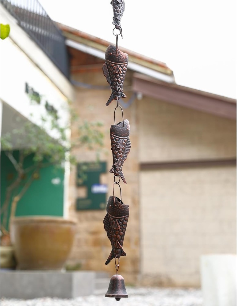 Antique Bronze Rainbow Trout Rain Chain 8.5FT Decorative Functional Downspout