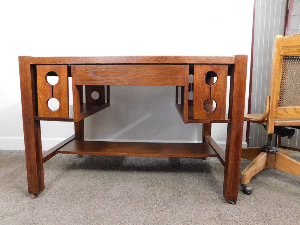 Antique 1920s Arts Crafts Mission Solid Oak Bookcase Desk Library Console Table