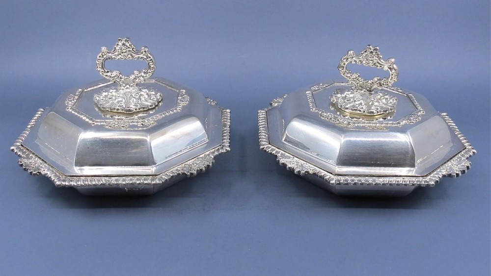 c1912 Barker Ellis 6.25"Small Pair Octagonal Covered Side Serving Dishes Entree