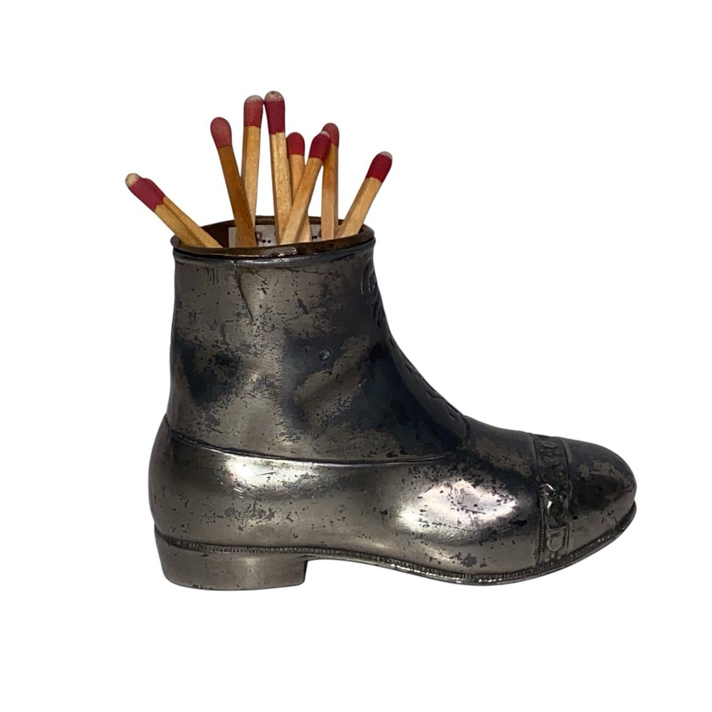 Vintage Boot Shoe Shaped Match Holder Silver? Removable Brass Insert 2.75 x 4