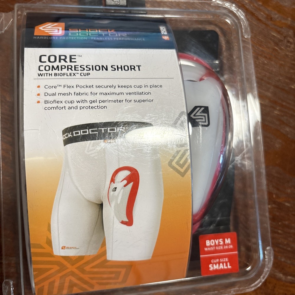 Shock Doctor Core Compression Short with Bioflex Cup Boys Medium 24-26 White NEW