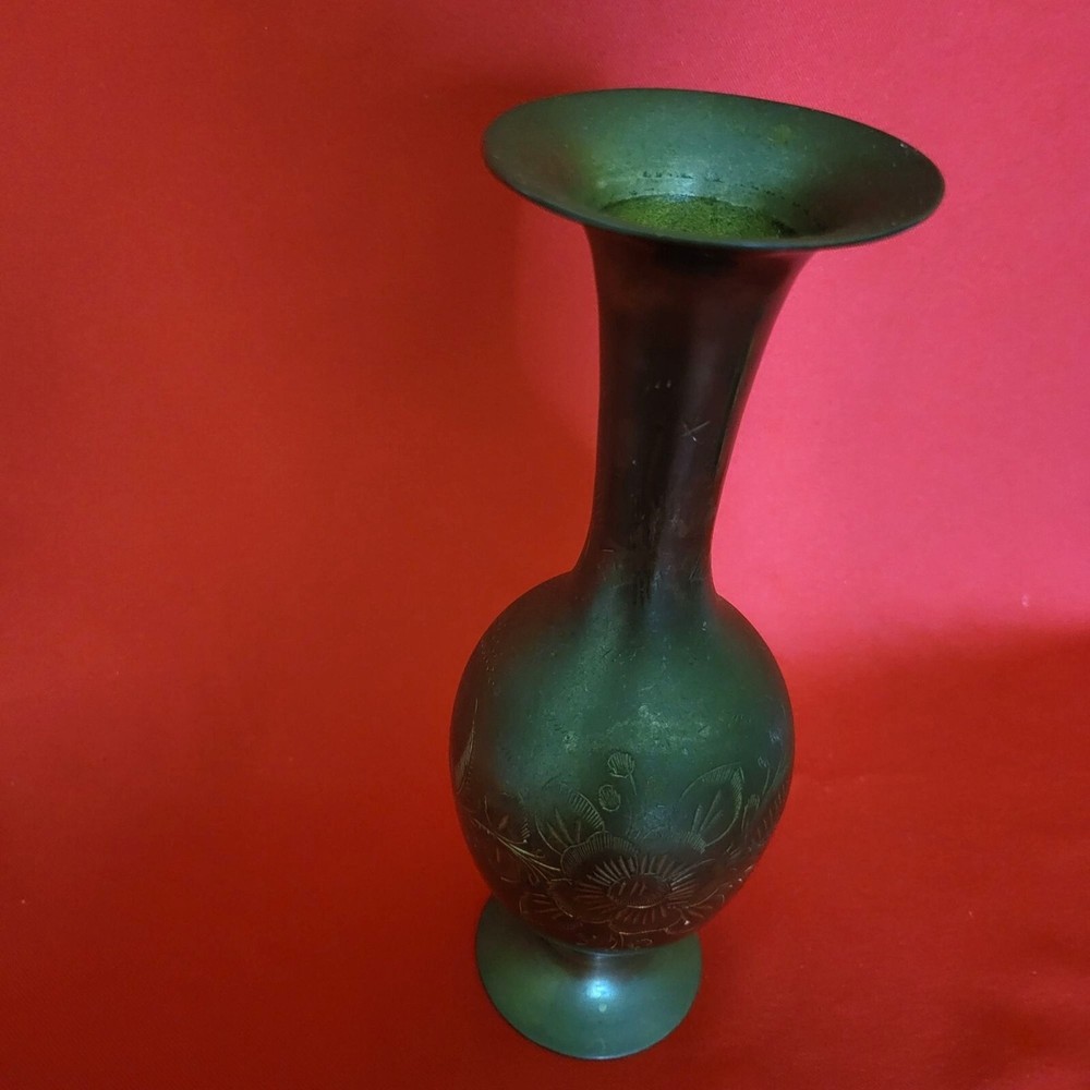 Vintage Solid Brass Floral Etched Vase Made in India