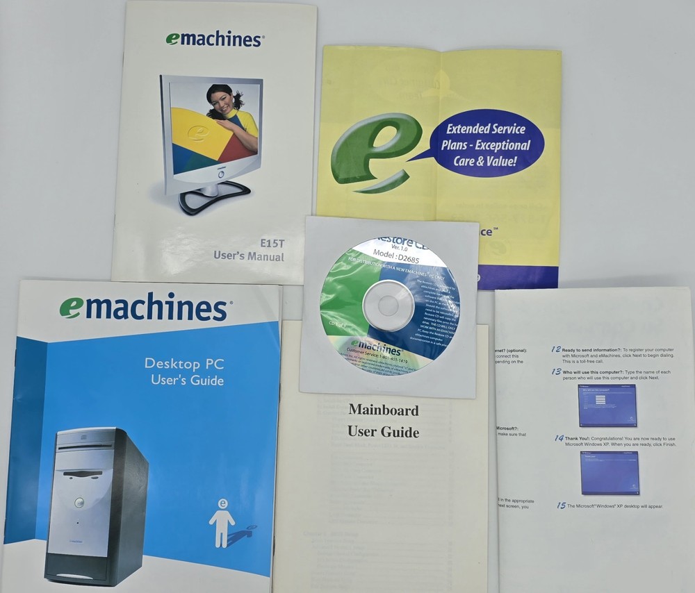 eMachine Model D2685 Restore CD Set Brand New + Various Documentation