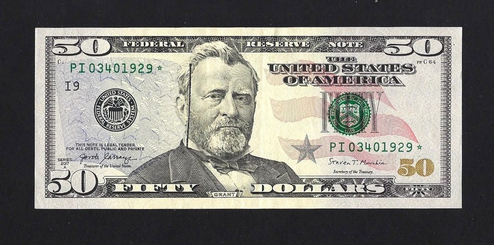 50 DOLLAR 2017A STAR NOTE INK LINE ERROR ON OBVERSE
