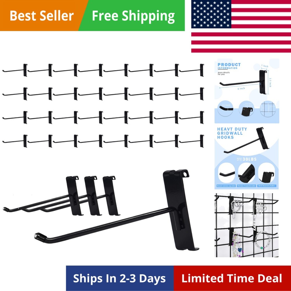 6-Inch Gridwall Hooks, 32 Pieces for Grid Wall Panel, Black