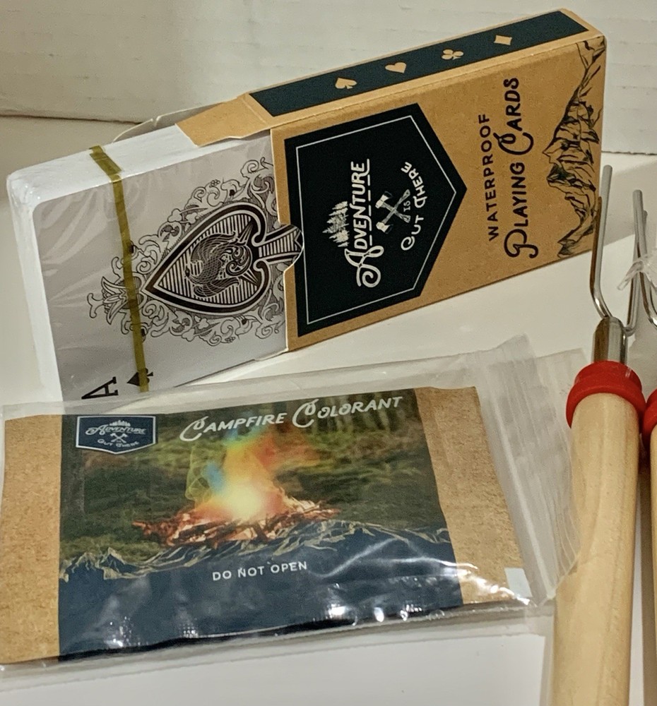Camping Outside Barnfire Set. Waterproof Playing Cards, Picks, Harmonica, Color